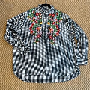 Zara Plaid Long Sleeve Shirt w/ Floral Embroidery